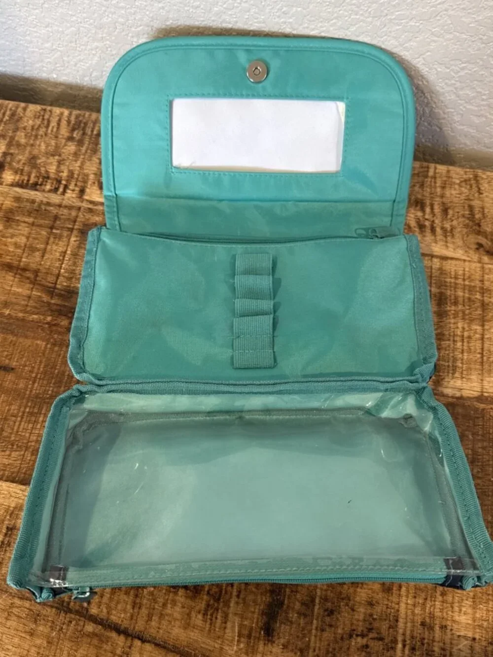 Thirty One Mirror Makeup Cosmetics Bag Navy With Green Polka Dots Tri Fold